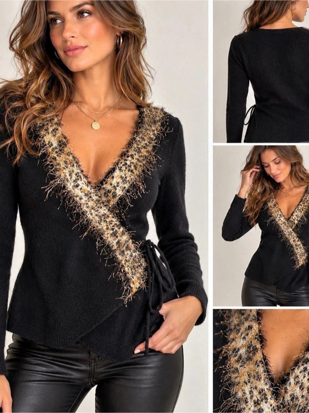 Bette Paige V-Neck Wrap Sweater Black & Gold Medium